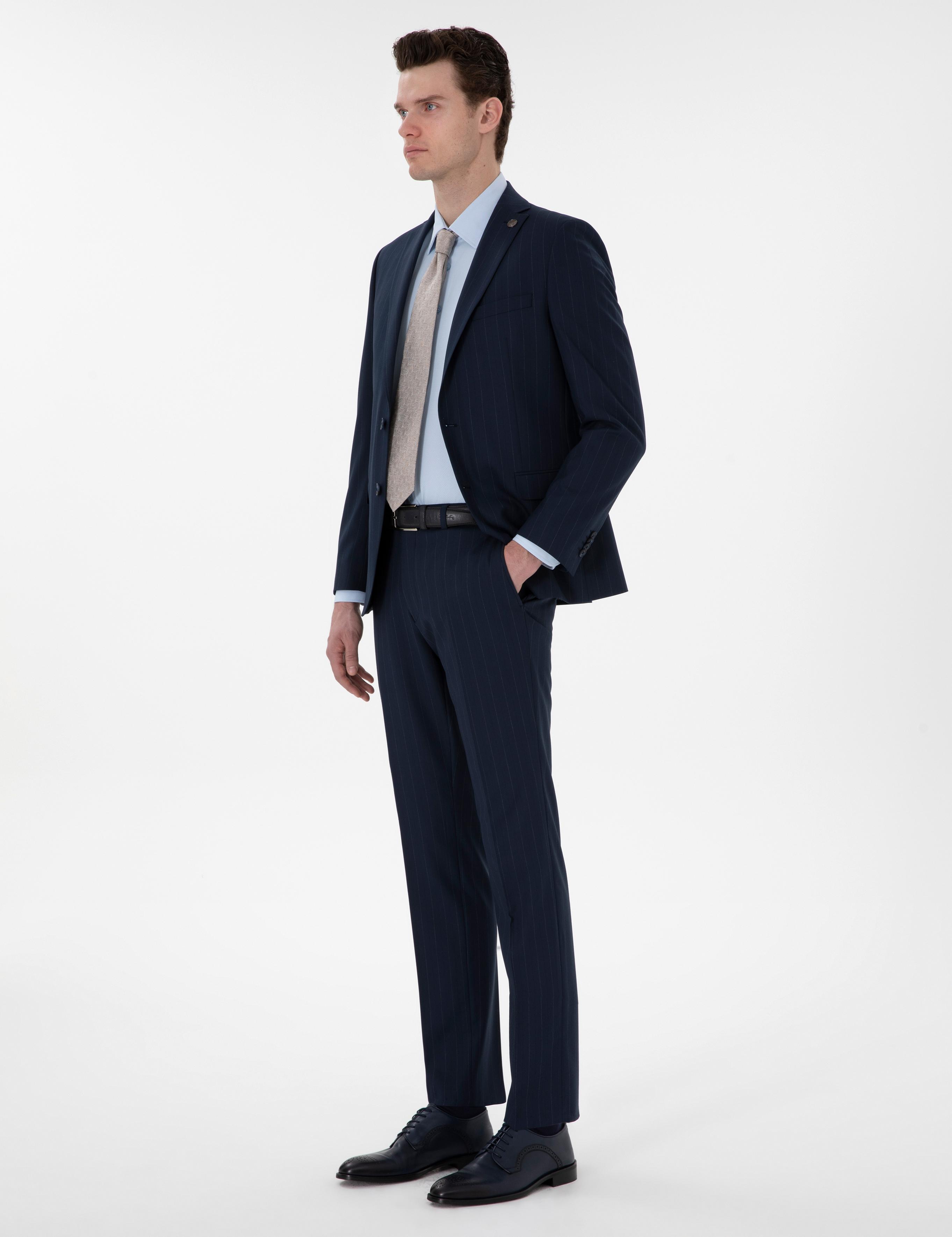 Lacivert Slim Fit Çizgili Takım Elbise