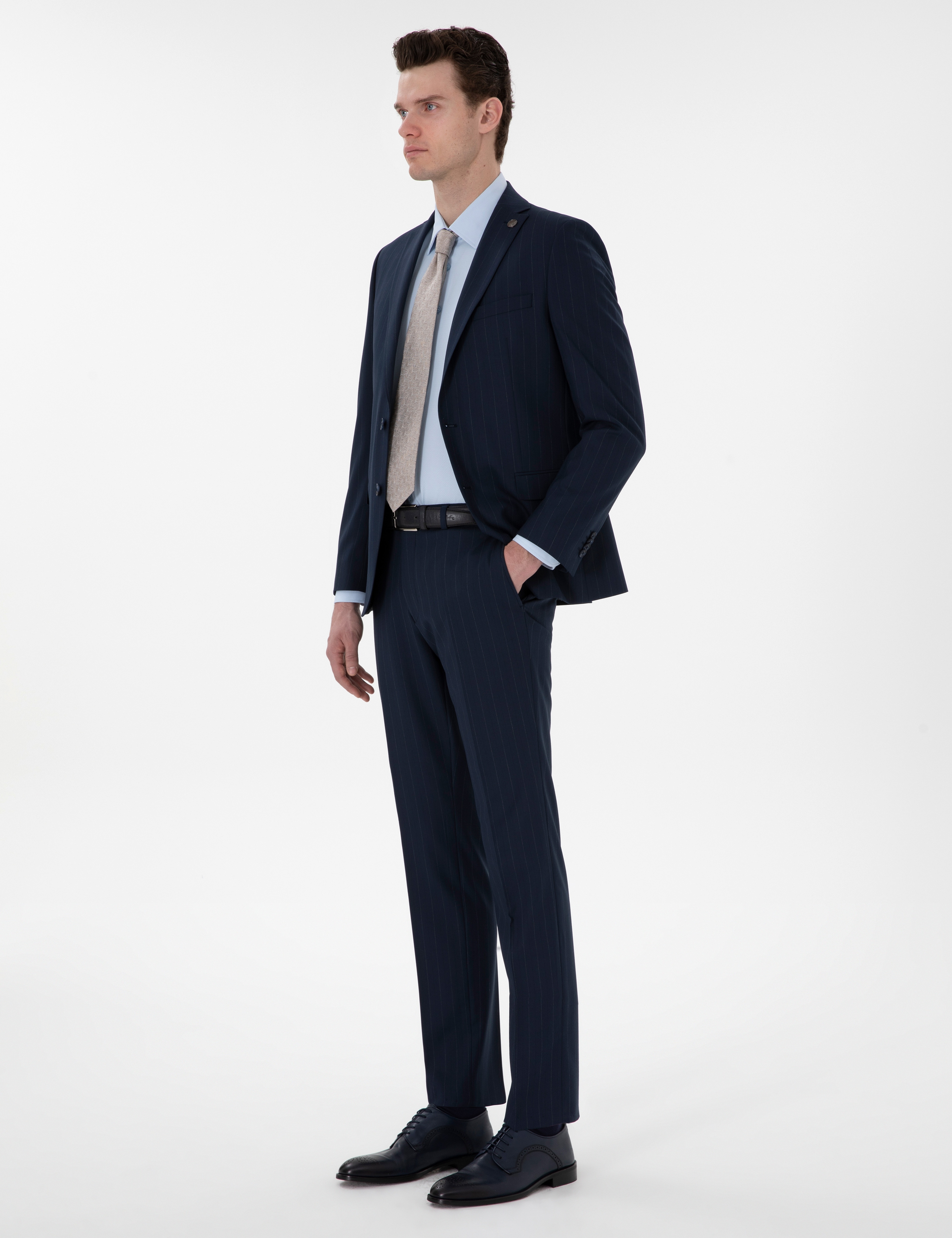 Lacivert Slim Fit Çizgili Takım Elbise - Image 4