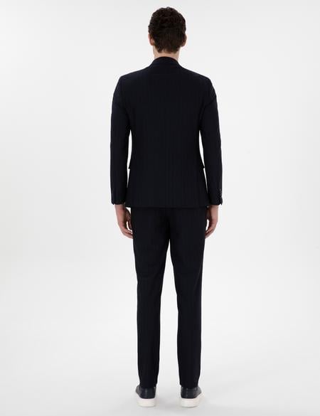 Lacivert Ex. Slim Fit Kruvaze Çizgili Takım Elbise - 50305648008