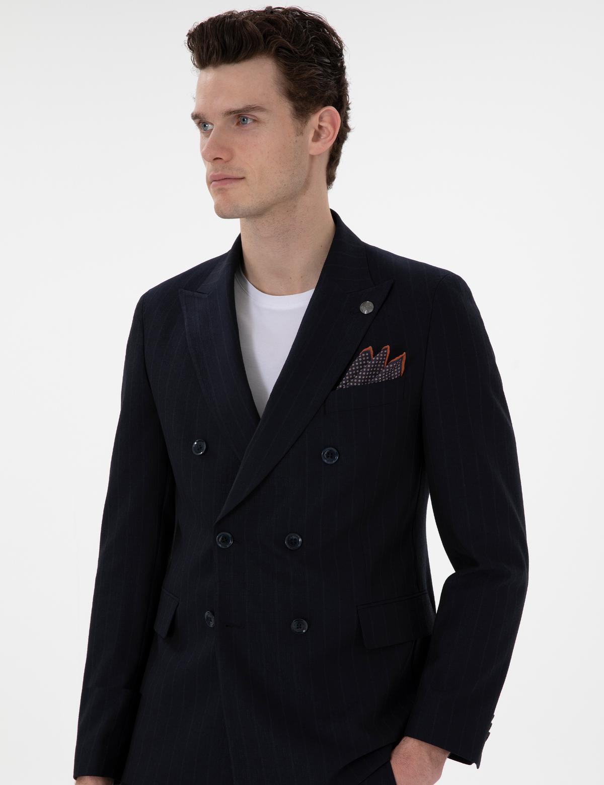 Lacivert Ex. Slim Fit Kruvaze Çizgili Takım Elbise - 50305648008