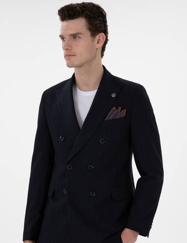 Lacivert Ex. Slim Fit Kruvaze Çizgili Takım Elbise