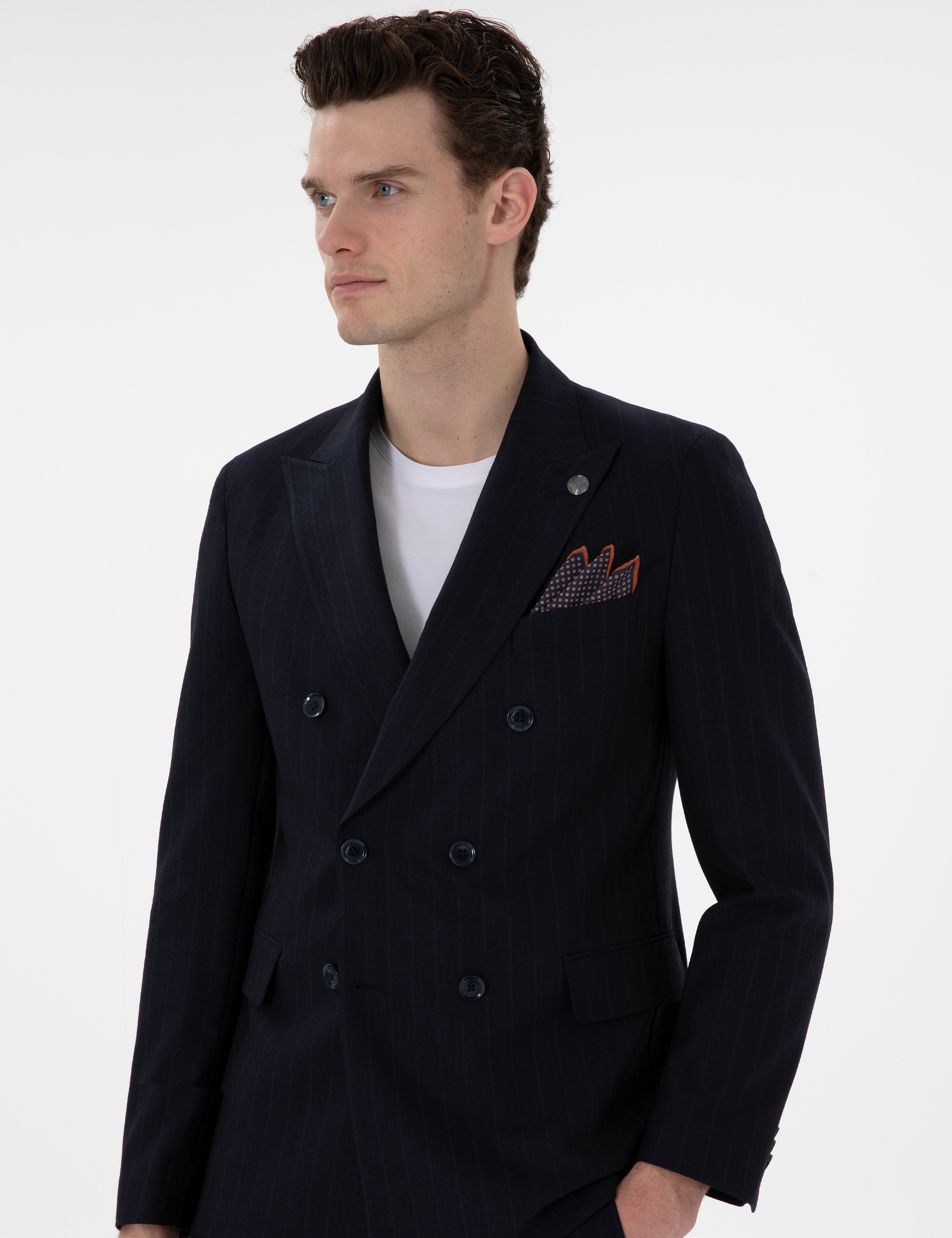 Lacivert Ex. Slim Fit Kruvaze Çizgili Takım Elbise - Image 3
