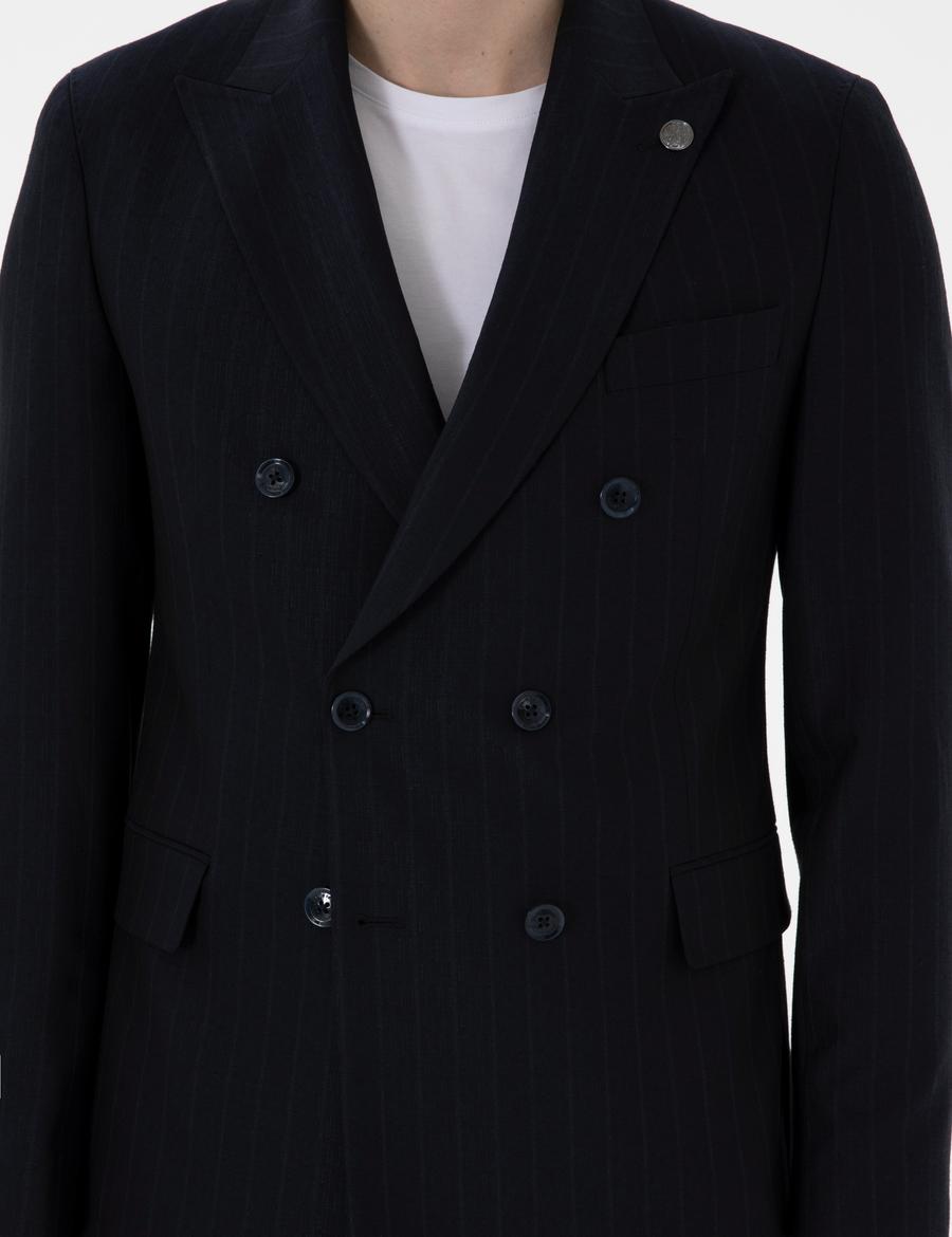 Lacivert Ex. Slim Fit Kruvaze Çizgili Takım Elbise