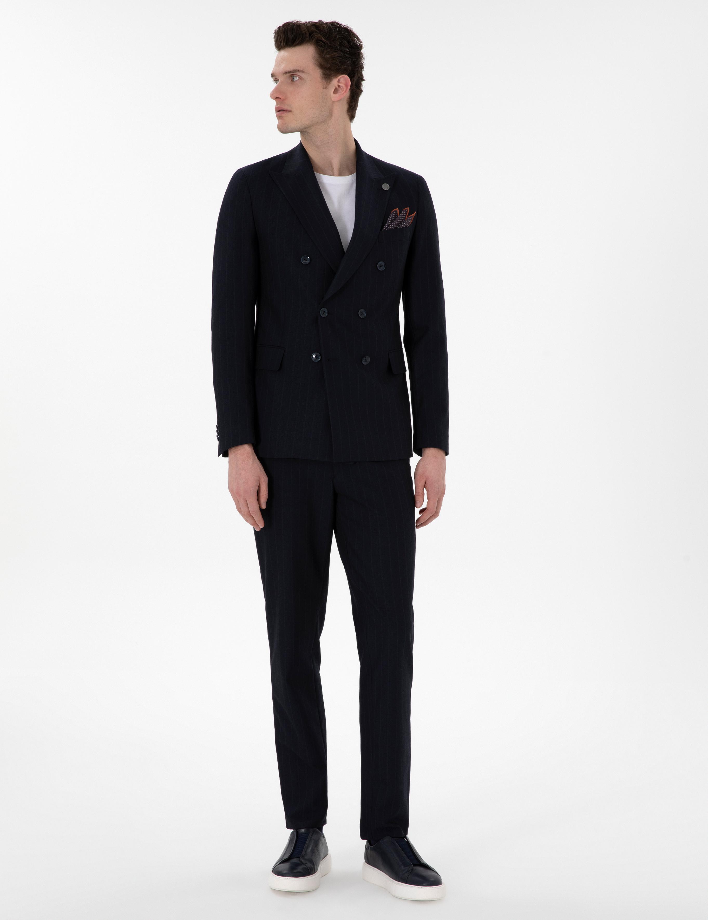 Lacivert Ex. Slim Fit Kruvaze Çizgili Takım Elbise