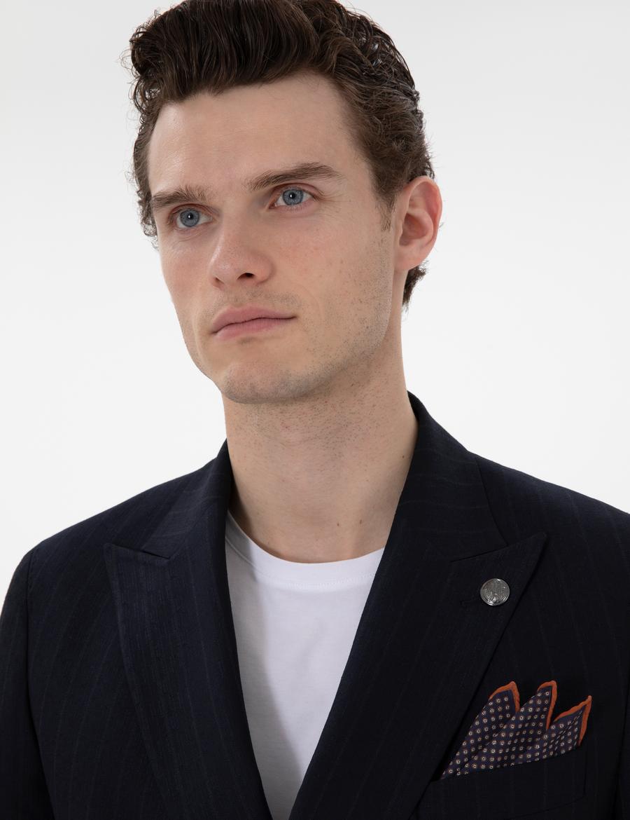 Lacivert Ex. Slim Fit Kruvaze Çizgili Takım Elbise