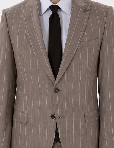 Açık Kahverengi Ex. Slim Fit Yün Keten Karışımlı Çizgili Takım Elbise