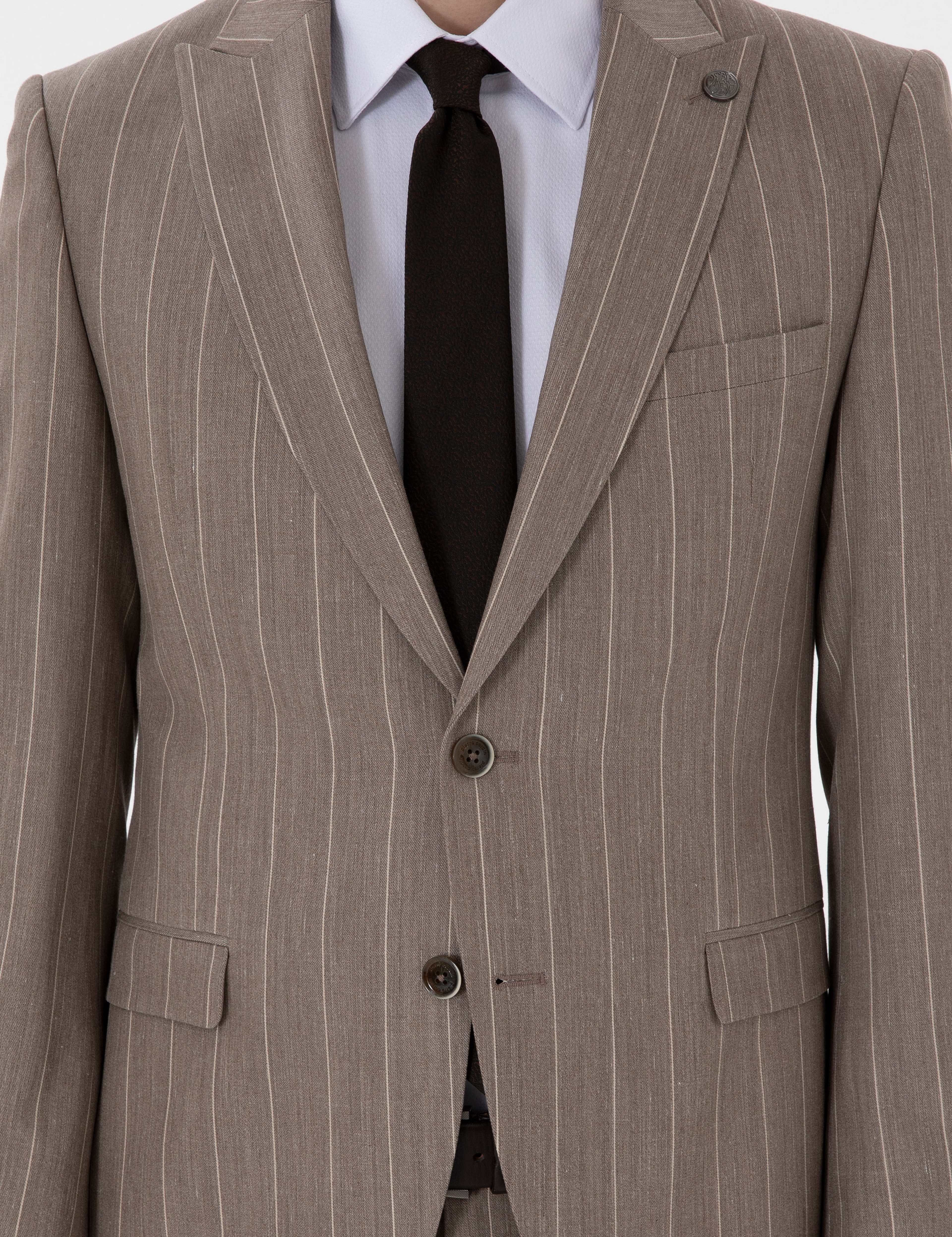 Açık Kahverengi Extra Slim Fit Yün Keten Karışımlı Çizgili Takım Elbise - Image 7