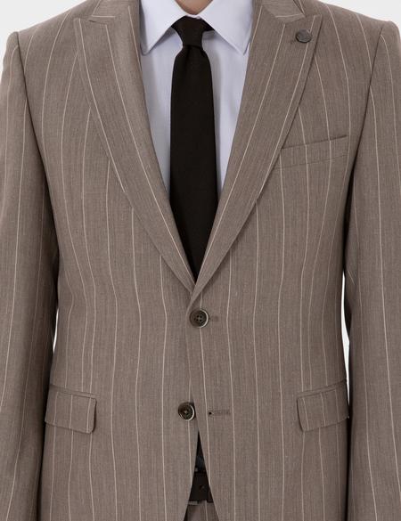 Açık Kahverengi Ex. Slim Fit Yün Keten Karışımlı Çizgili Takım Elbise - 50303824044