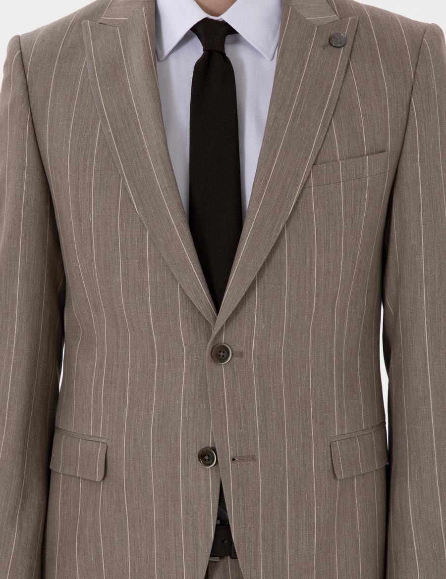 Açık Kahverengi Ex. Slim Fit Yün Keten Karışımlı Çizgili Takım Elbise