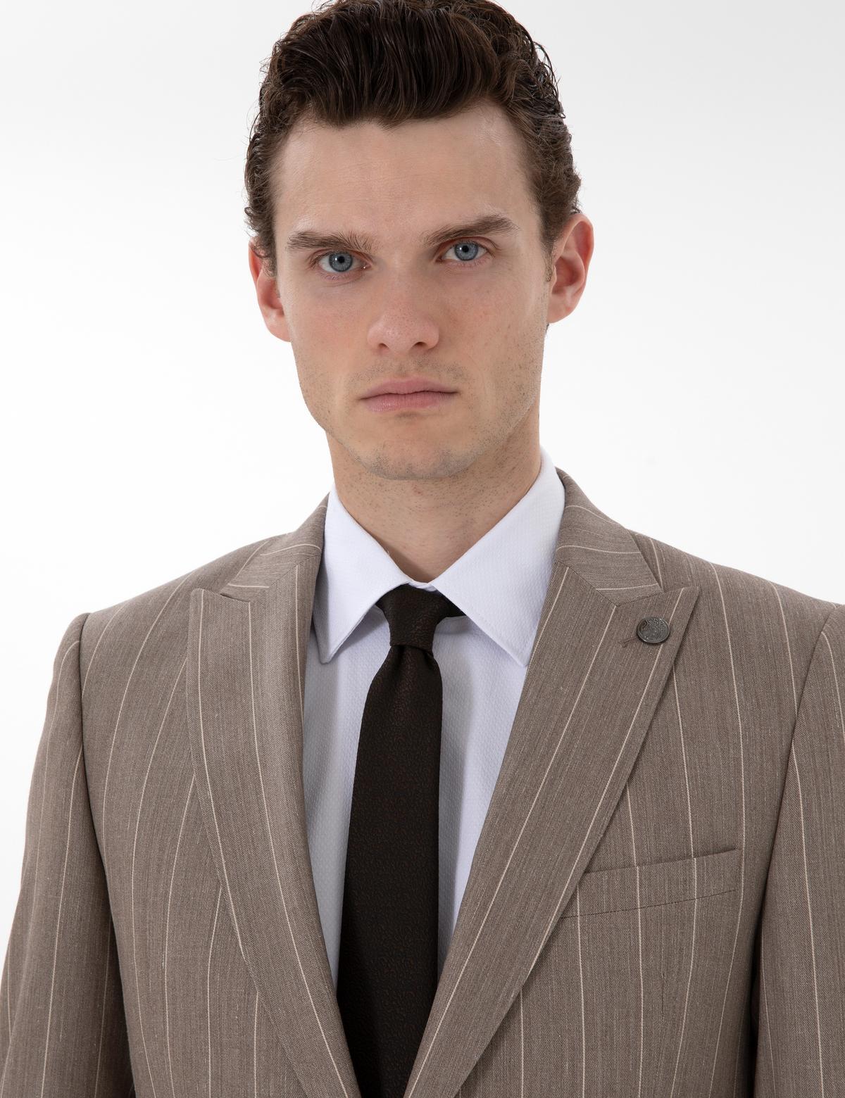 Açık Kahverengi Ex. Slim Fit Yün Keten Karışımlı Çizgili Takım Elbise - 50303824044