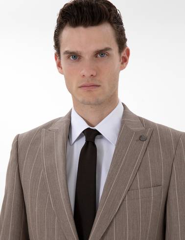 Açık Kahverengi Ex. Slim Fit Yün Keten Karışımlı Çizgili Takım Elbise