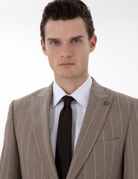 Açık Kahverengi Ex. Slim Fit Yün Keten Karışımlı Çizgili Takım Elbise - 50303824044