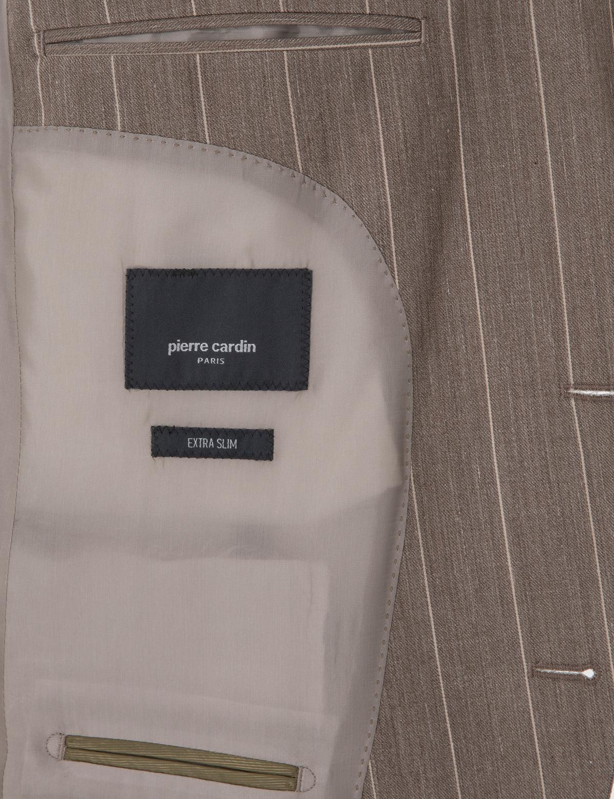 Açık Kahverengi Ex. Slim Fit Yün Keten Karışımlı Çizgili Takım Elbise - 50303824044