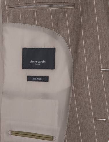 Açık Kahverengi Ex. Slim Fit Yün Keten Karışımlı Çizgili Takım Elbise
