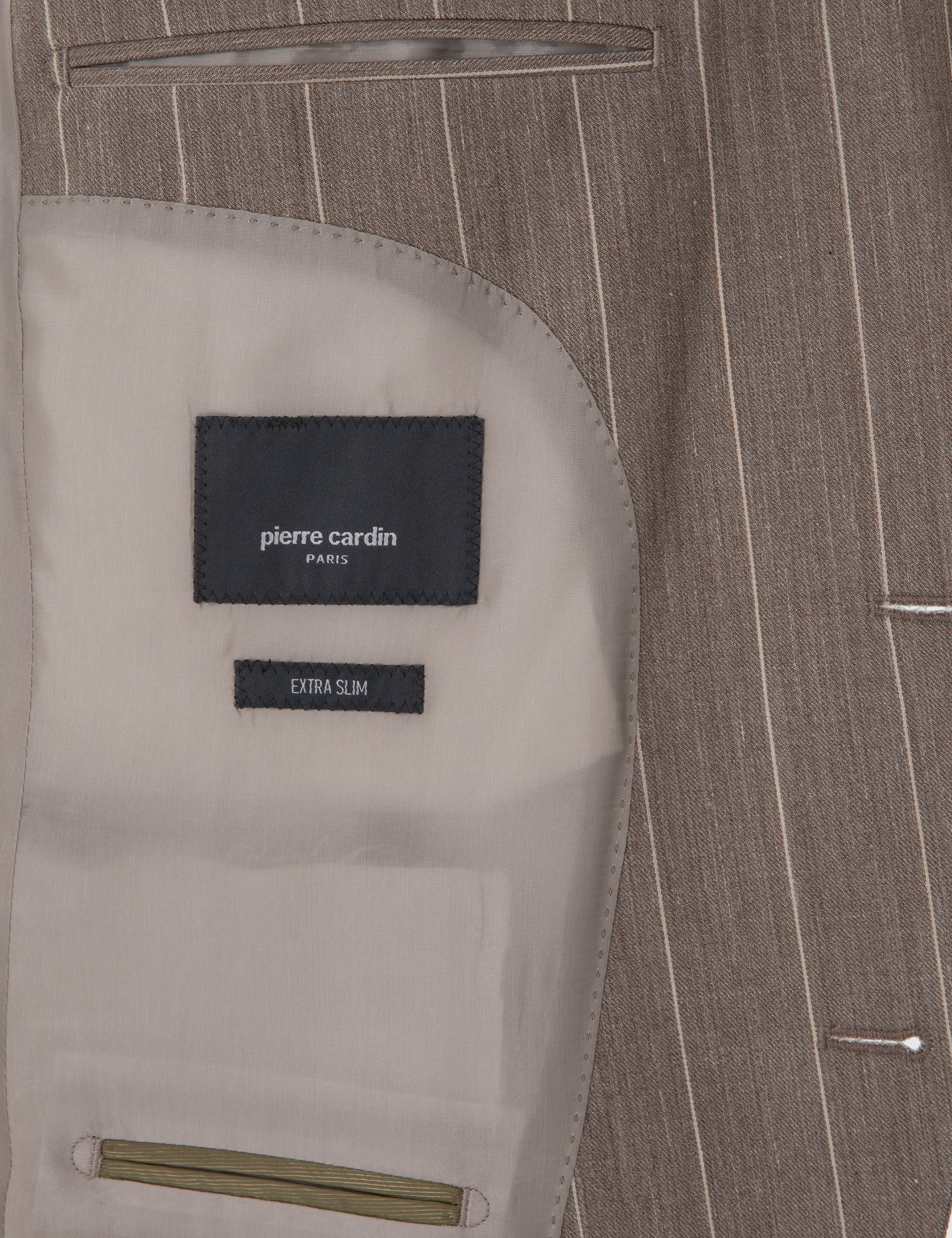Açık Kahverengi Extra Slim Fit Yün Keten Karışımlı Çizgili Takım Elbise - Image 6