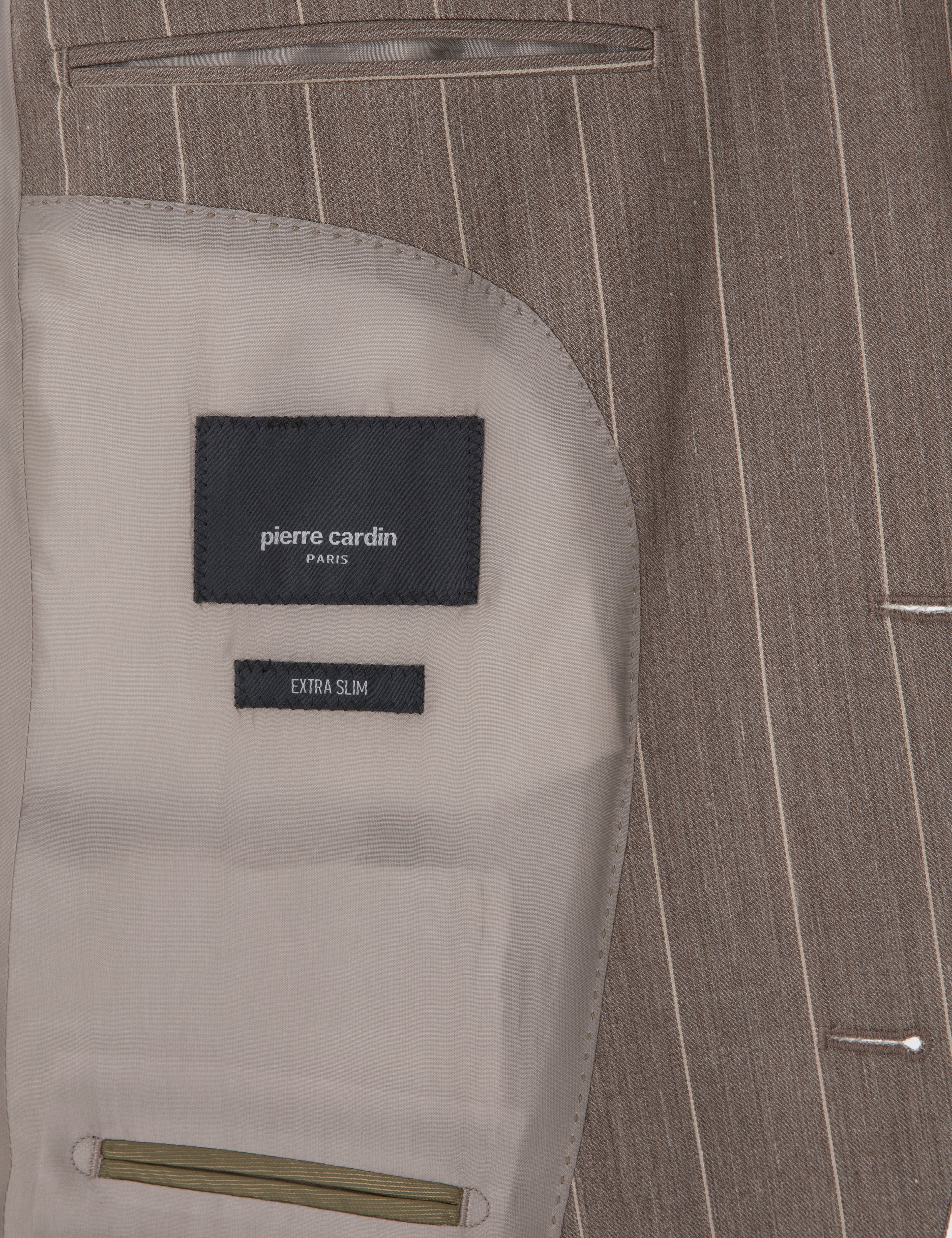 Açık Kahverengi Extra Slim Fit Yün Keten Karışımlı Çizgili Takım Elbise