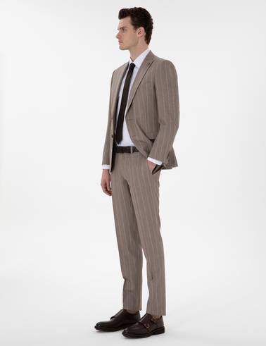 Açık Kahverengi Ex. Slim Fit Yün Keten Karışımlı Çizgili Takım Elbise