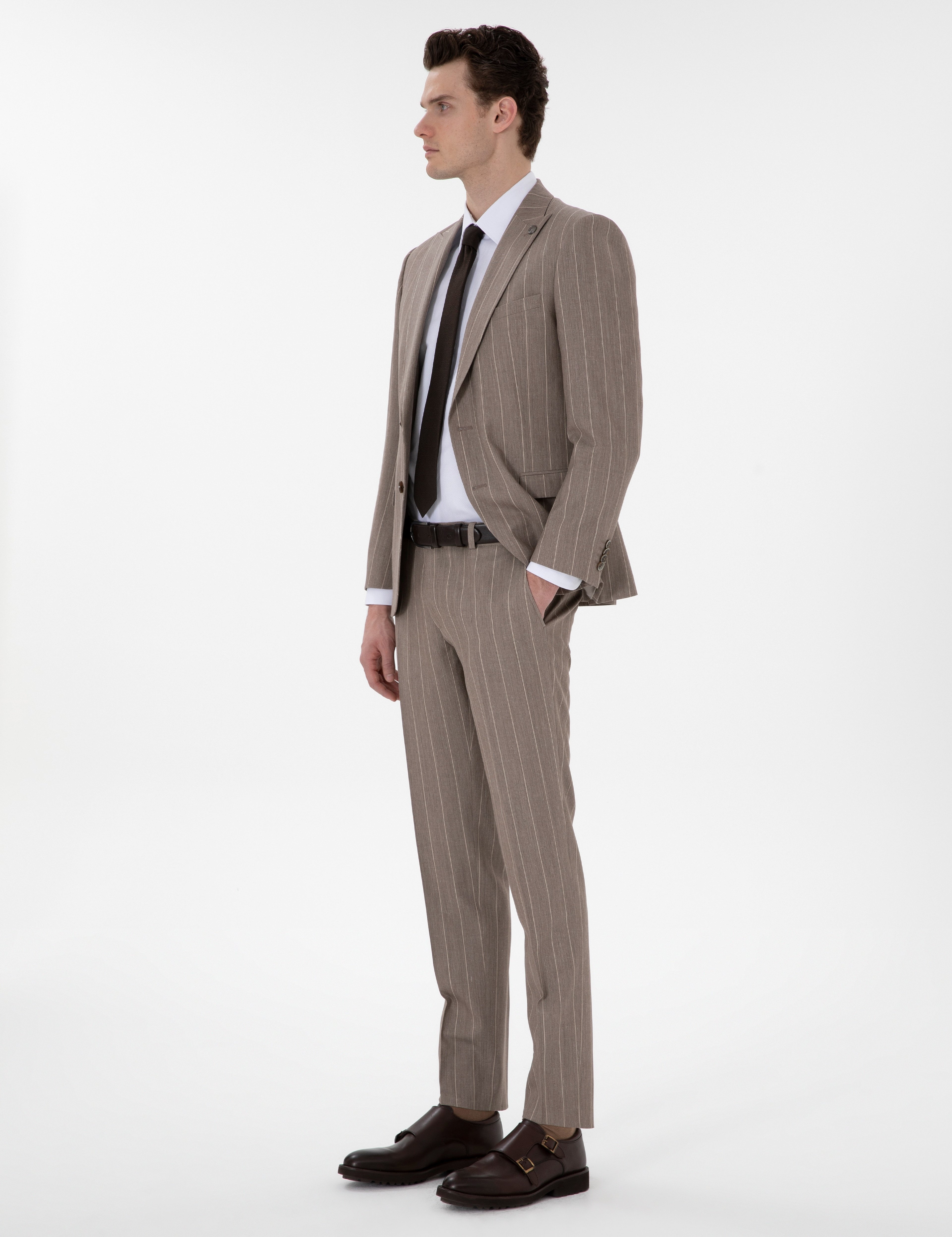 Açık Kahverengi Extra Slim Fit Yün Keten Karışımlı Çizgili Takım Elbise - Image 4
