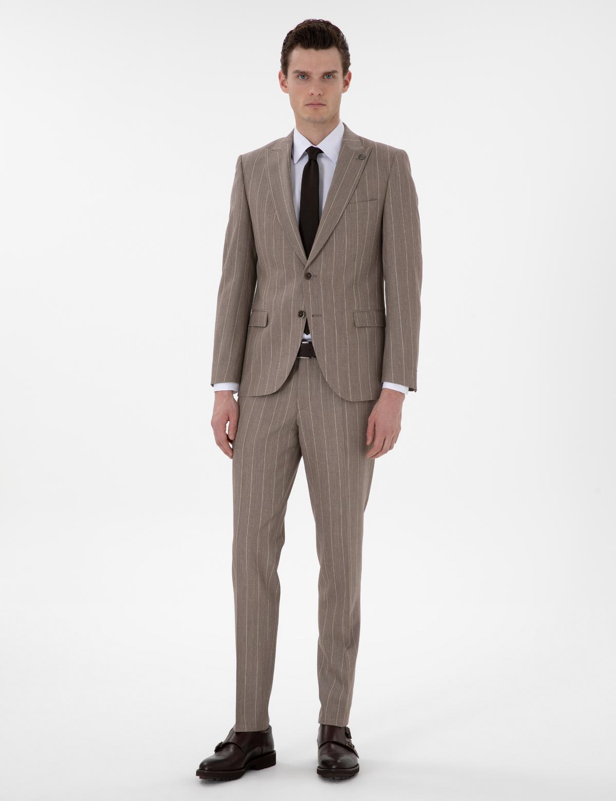 Açık Kahverengi Ex. Slim Fit Yün Keten Karışımlı Çizgili Takım Elbise