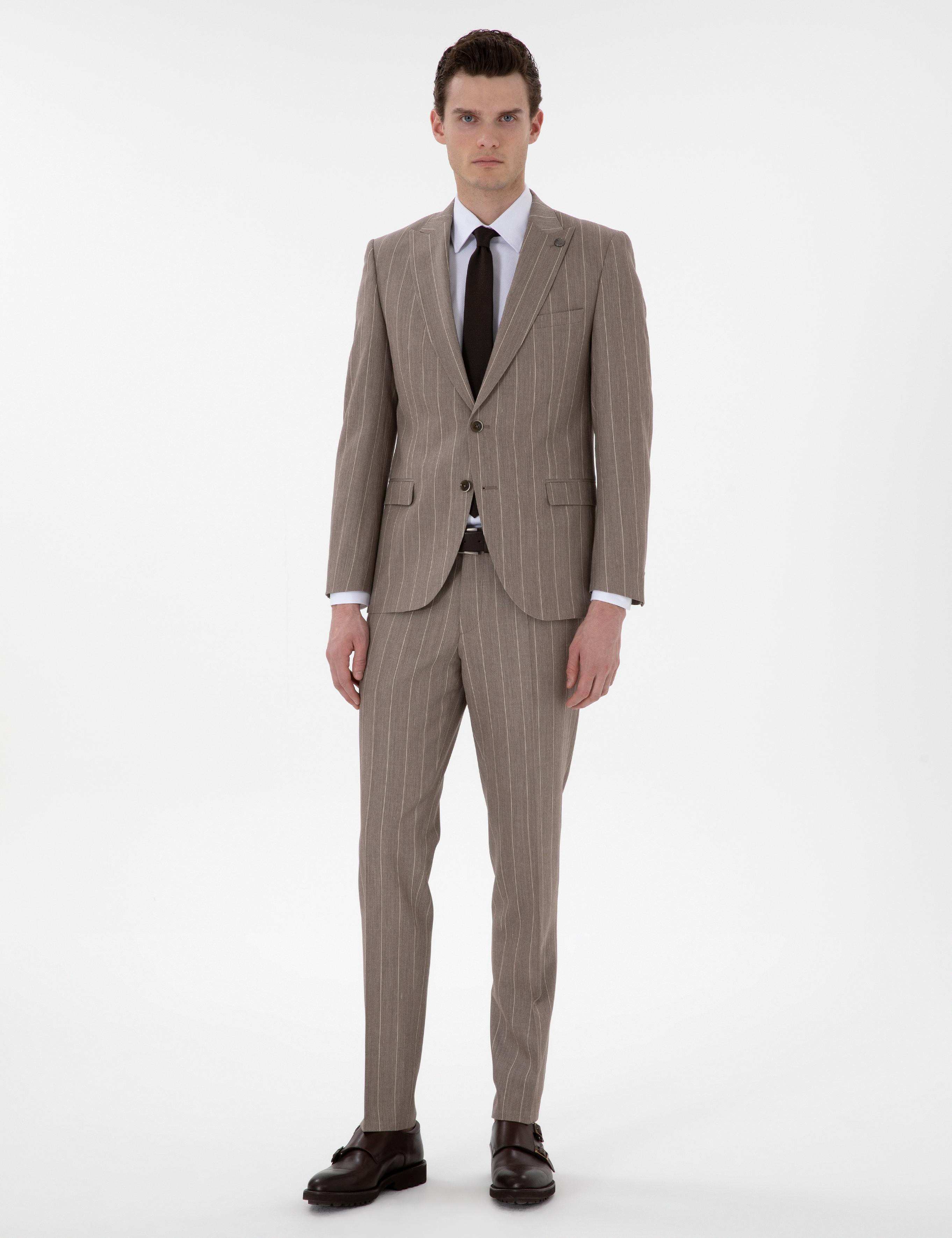 Açık Kahverengi Ex. Slim Fit Yün Keten Karışımlı Çizgili Takım Elbise