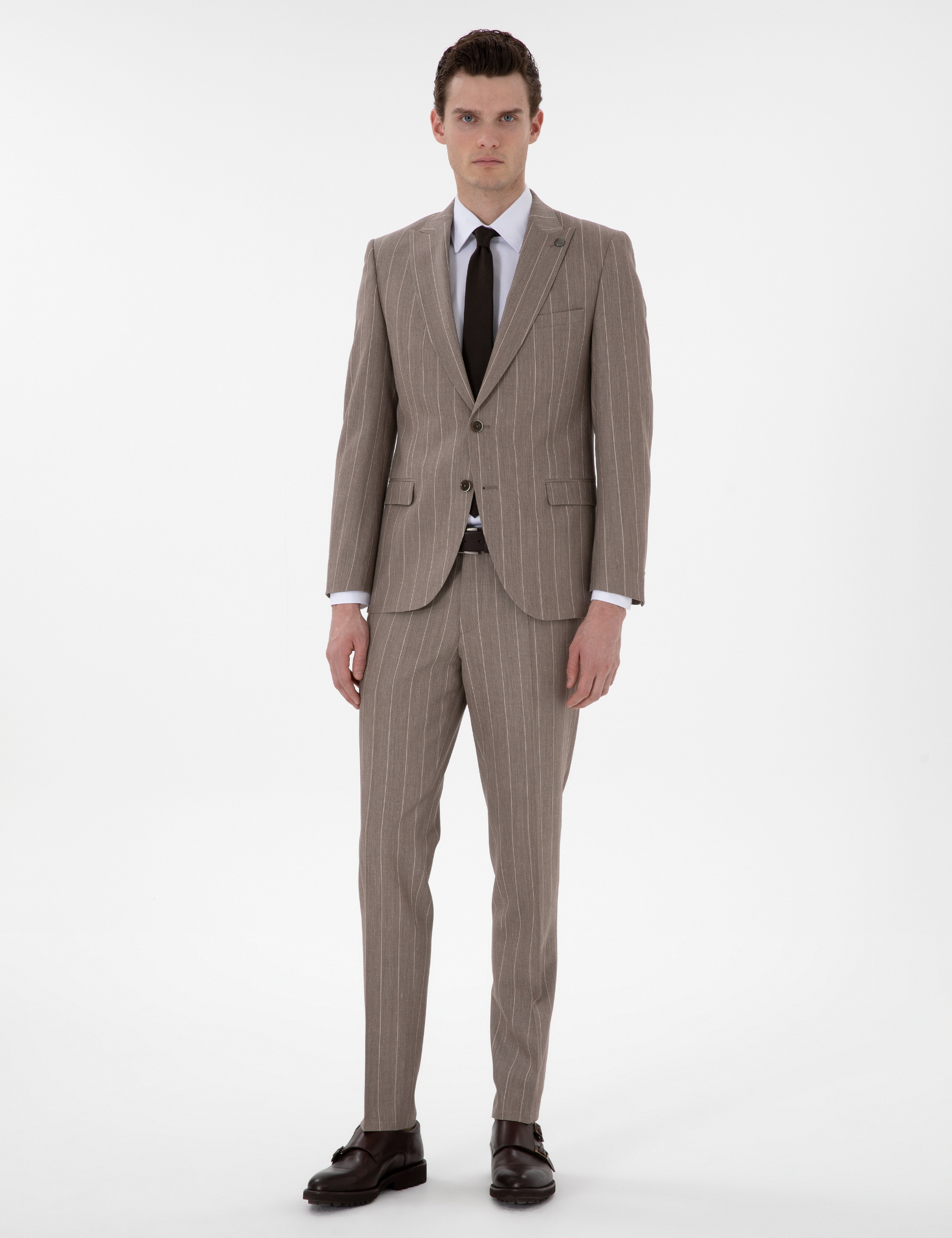 Açık Kahverengi Extra Slim Fit Yün Keten Karışımlı Çizgili Takım Elbise