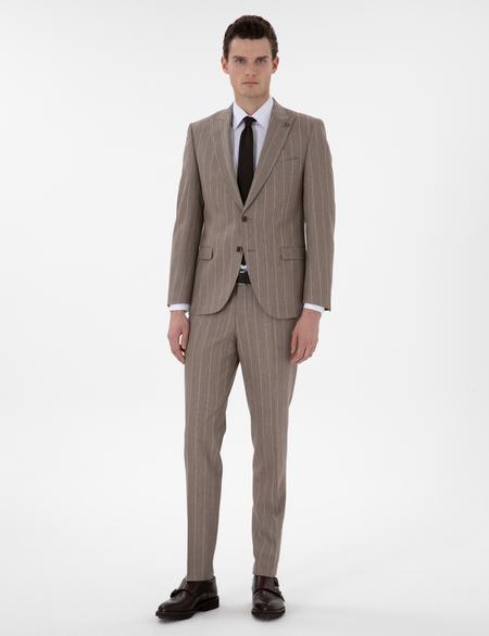 Açık Kahverengi Ex. Slim Fit Yün Keten Karışımlı Çizgili Takım Elbise - 50303824044