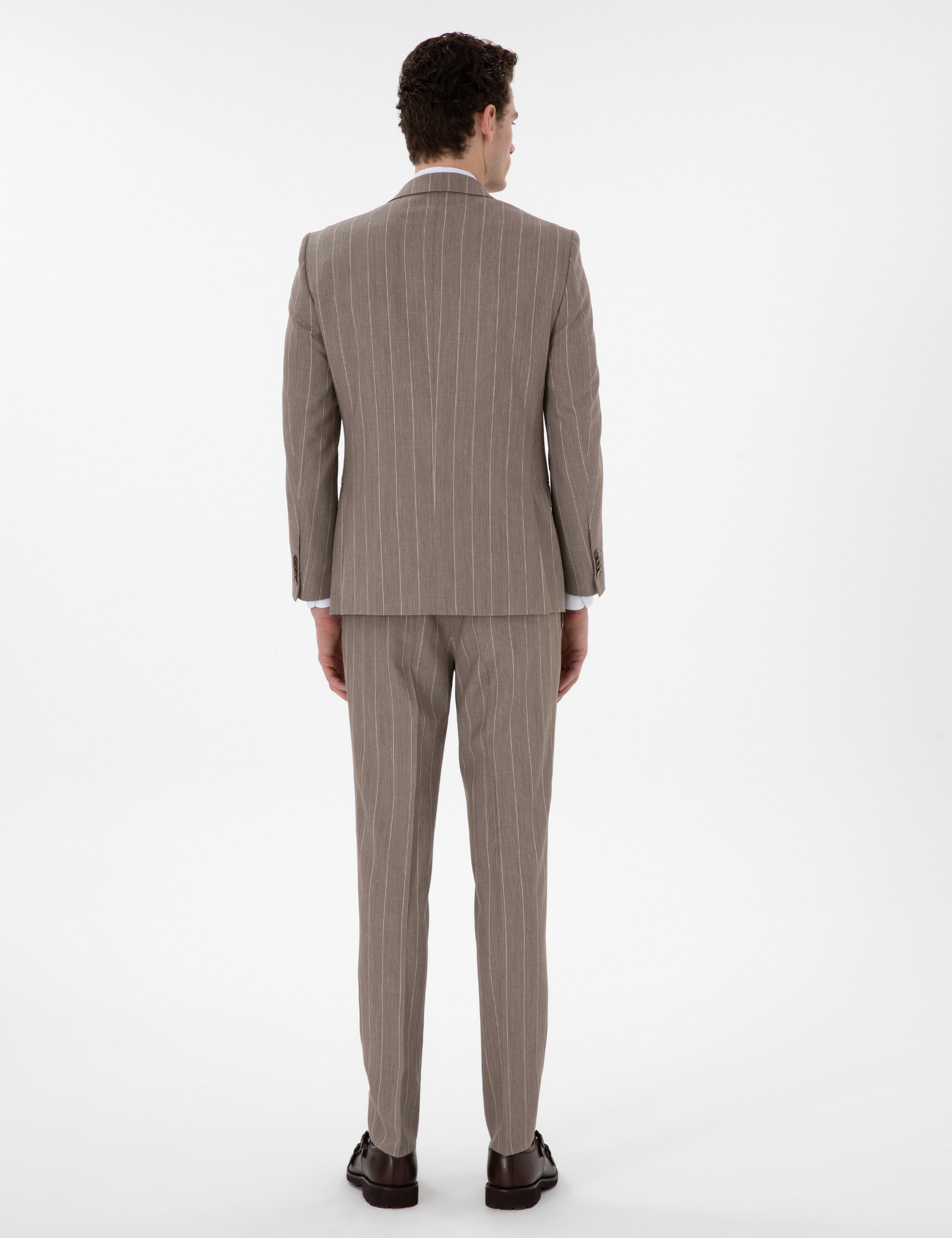 Açık Kahverengi Ex. Slim Fit Yün Keten Karışımlı Çizgili Takım Elbise