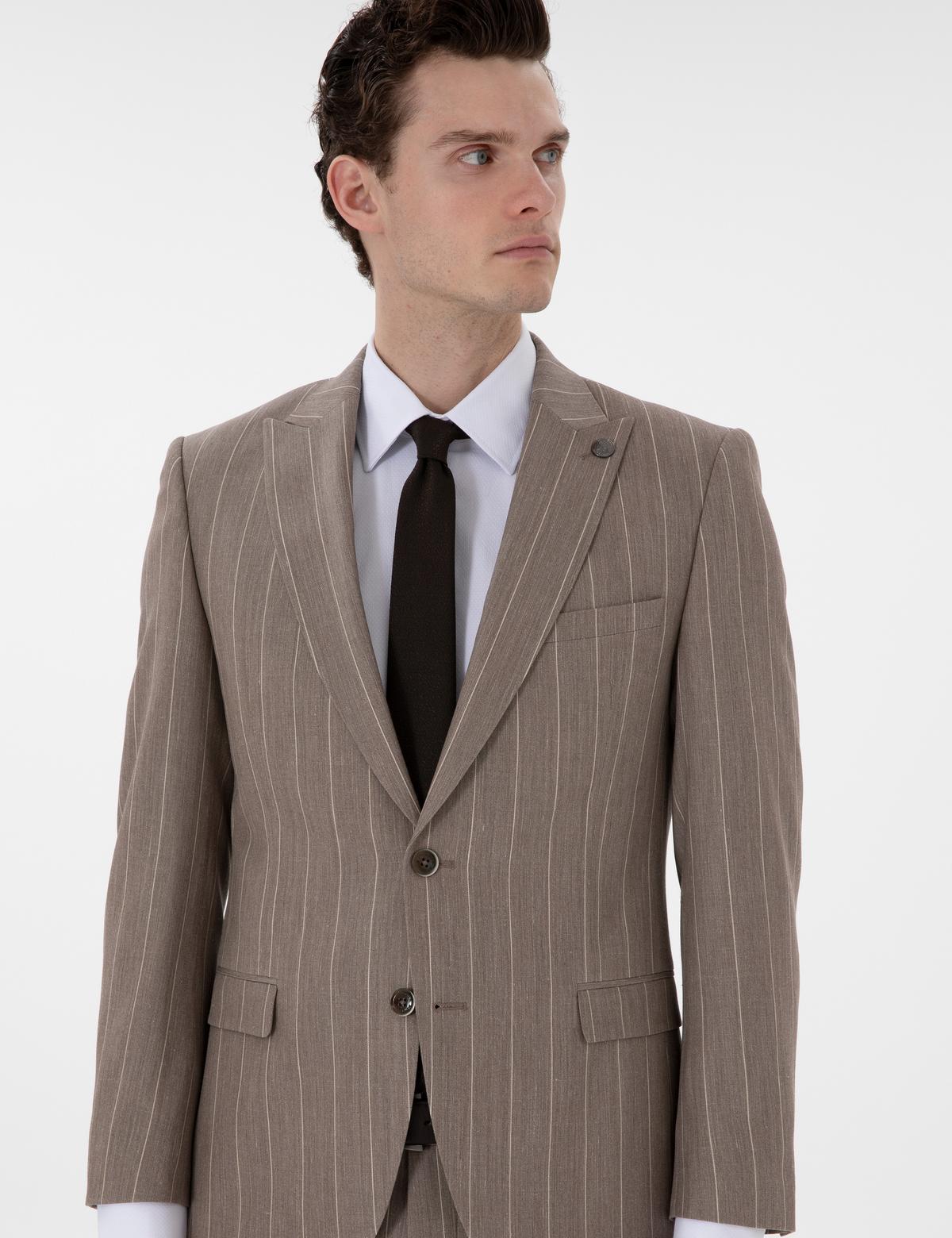 Açık Kahverengi Ex. Slim Fit Yün Keten Karışımlı Çizgili Takım Elbise - 50303824044