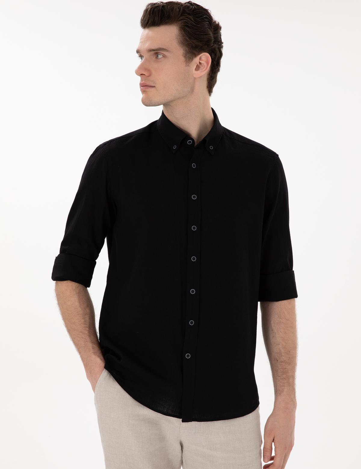 Siyah Keten Karışımlı Regular Fit Uzun Kollu Gömlek - 50303245062
