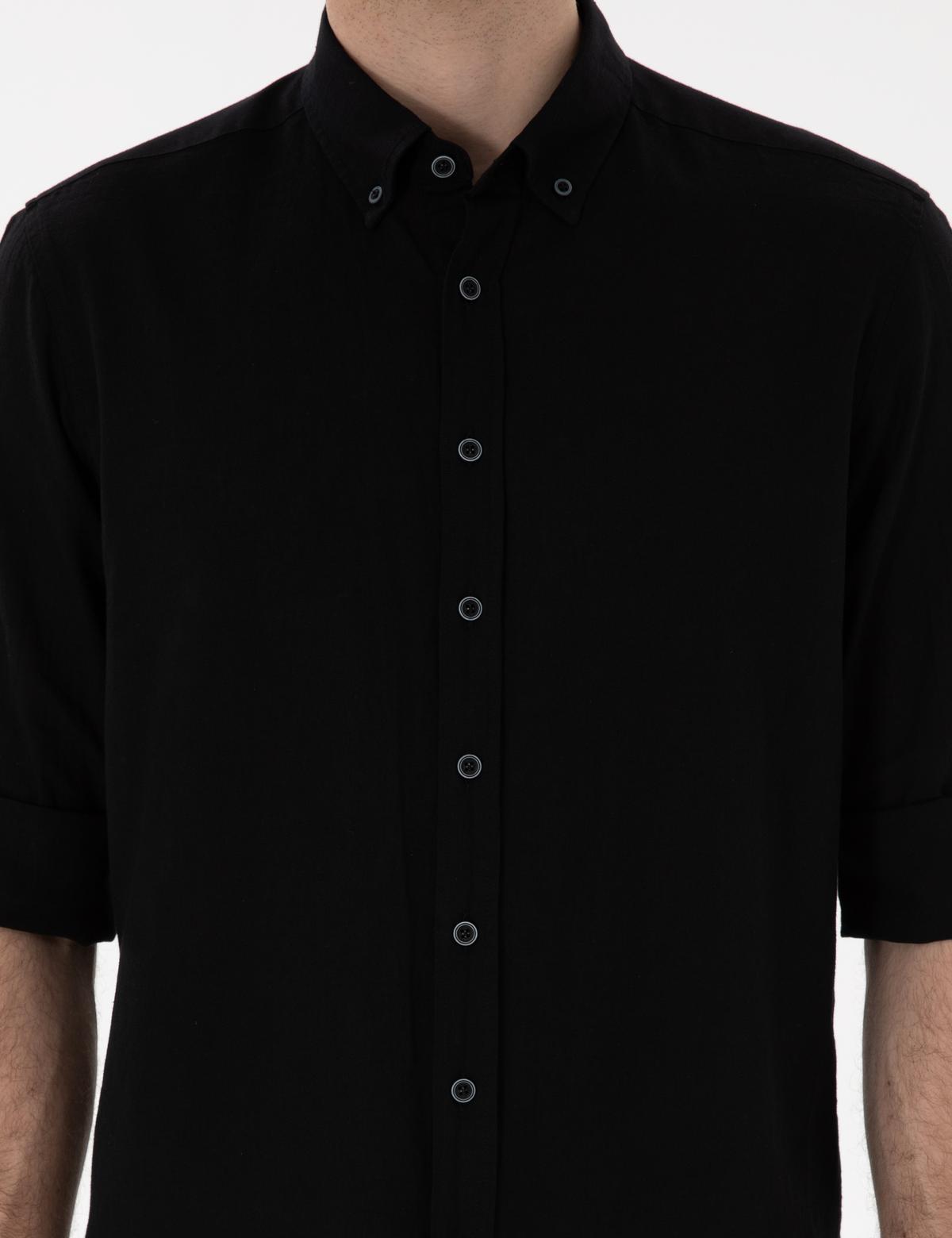 Siyah Keten Karışımlı Regular Fit Uzun Kollu Gömlek - 50303245062