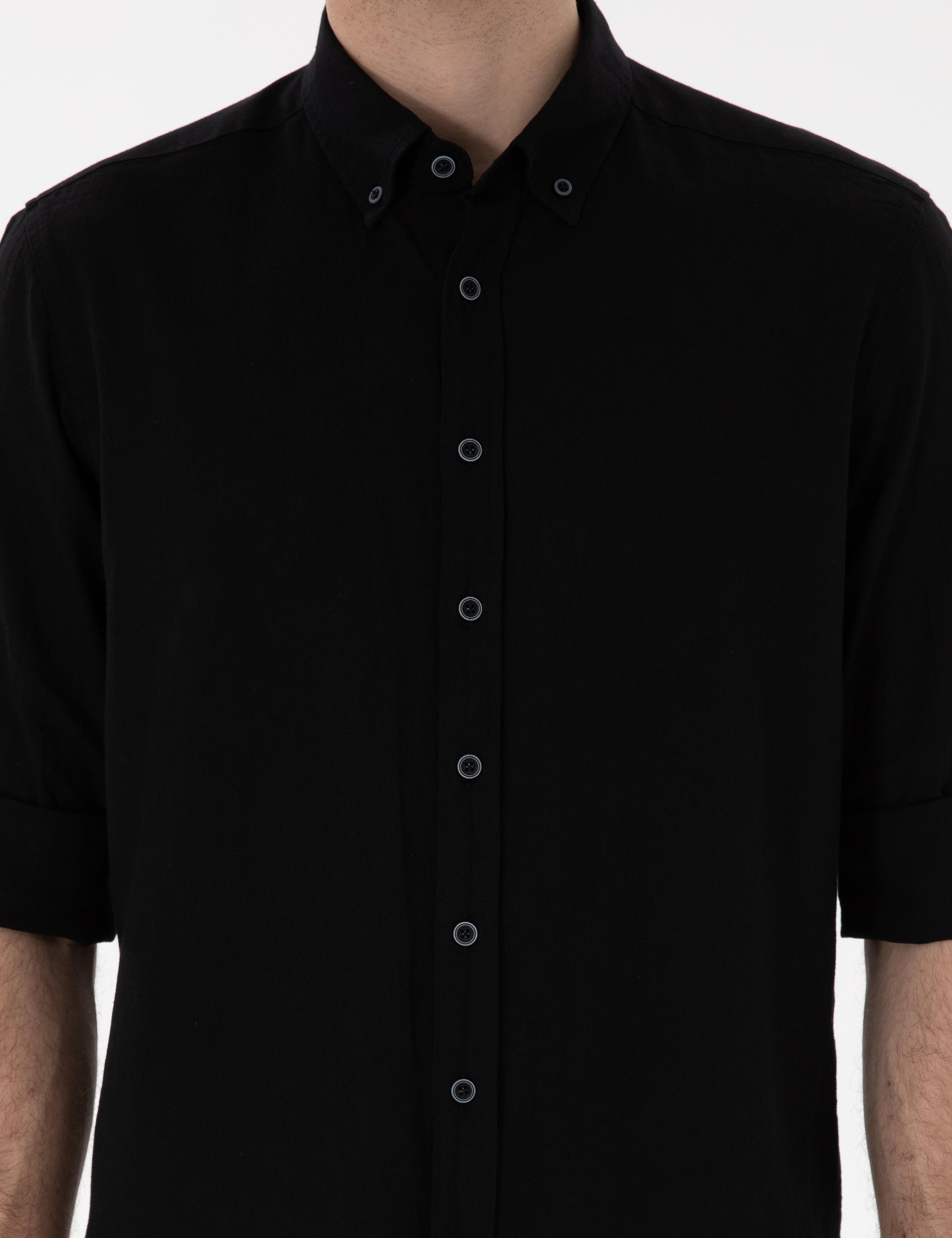 Siyah Keten Karışımlı Regular Fit Uzun Kollu Gömlek