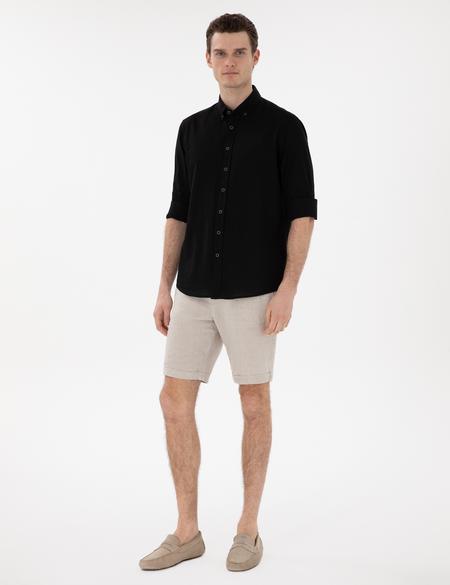 Siyah Keten Karışımlı Regular Fit Uzun Kollu Gömlek - 50303245062