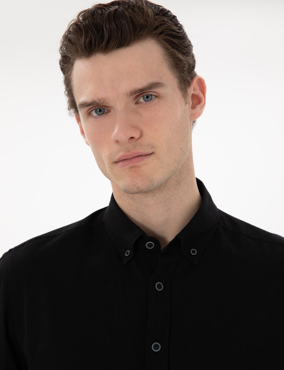 Siyah Keten Karışımlı Regular Fit Uzun Kollu Gömlek - 50303245062