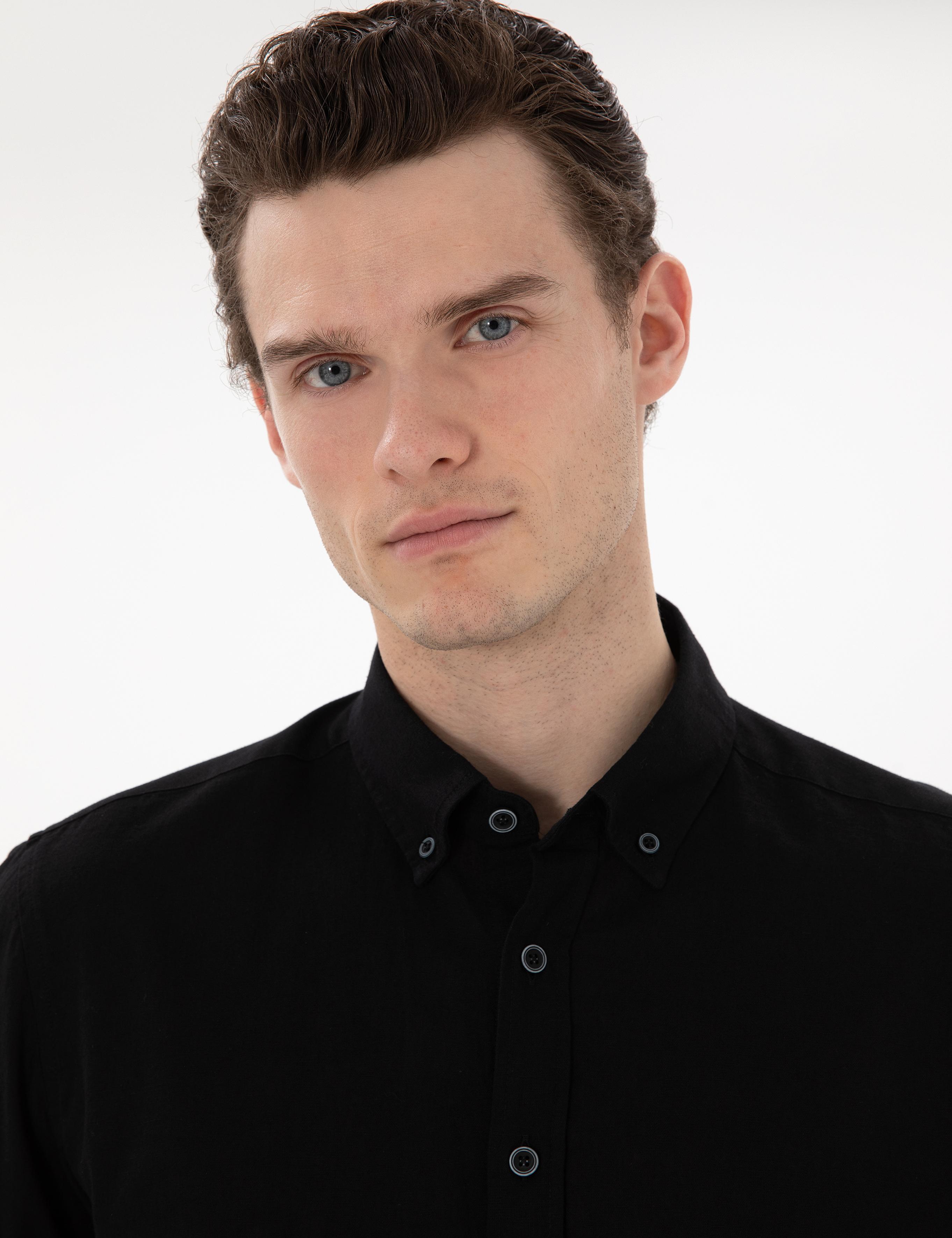 Siyah Keten Karışımlı Regular Fit Uzun Kollu Gömlek