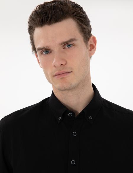 Siyah Keten Karışımlı Regular Fit Uzun Kollu Gömlek - 50303245062