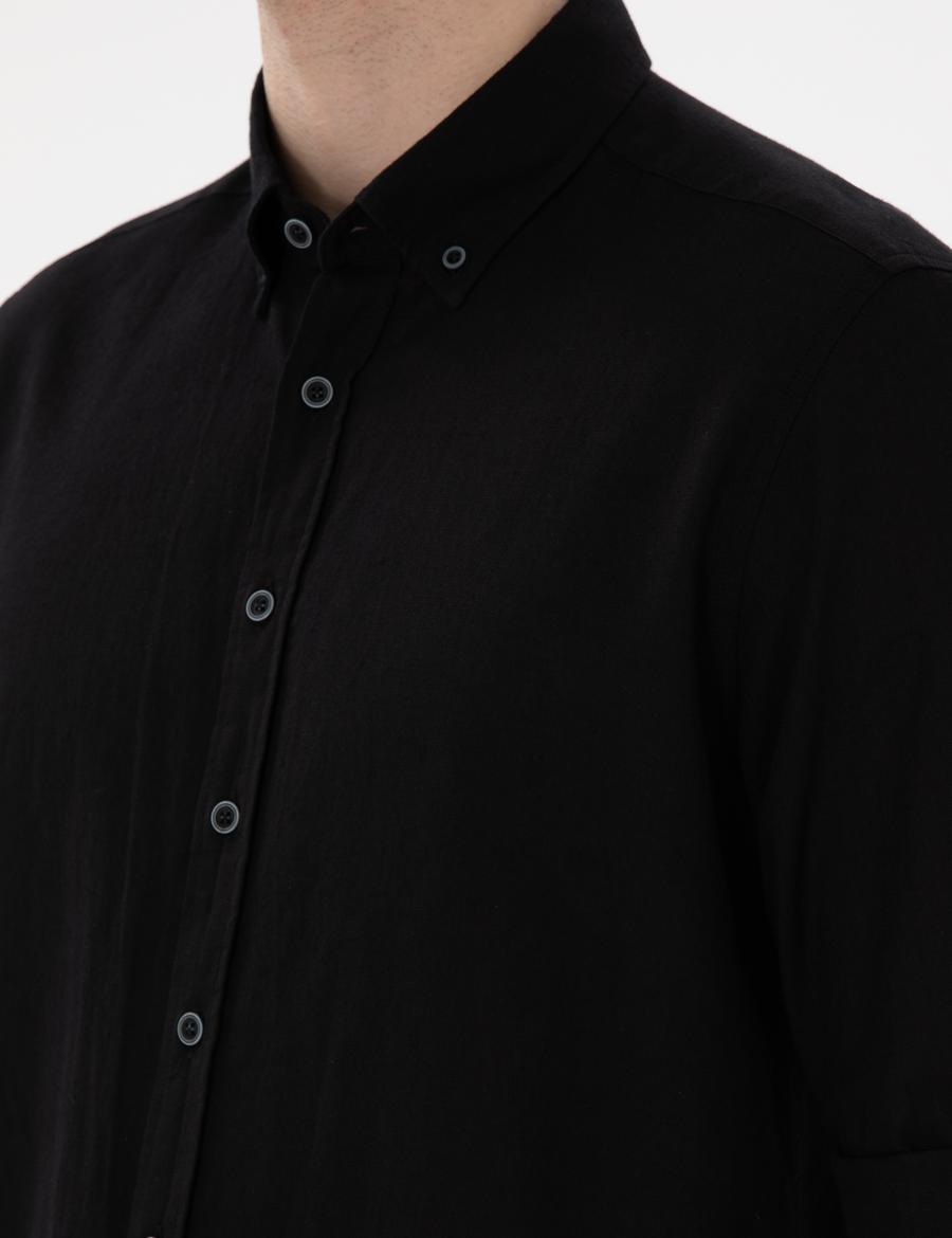 Siyah Keten Karışımlı Regular Fit Uzun Kollu Gömlek