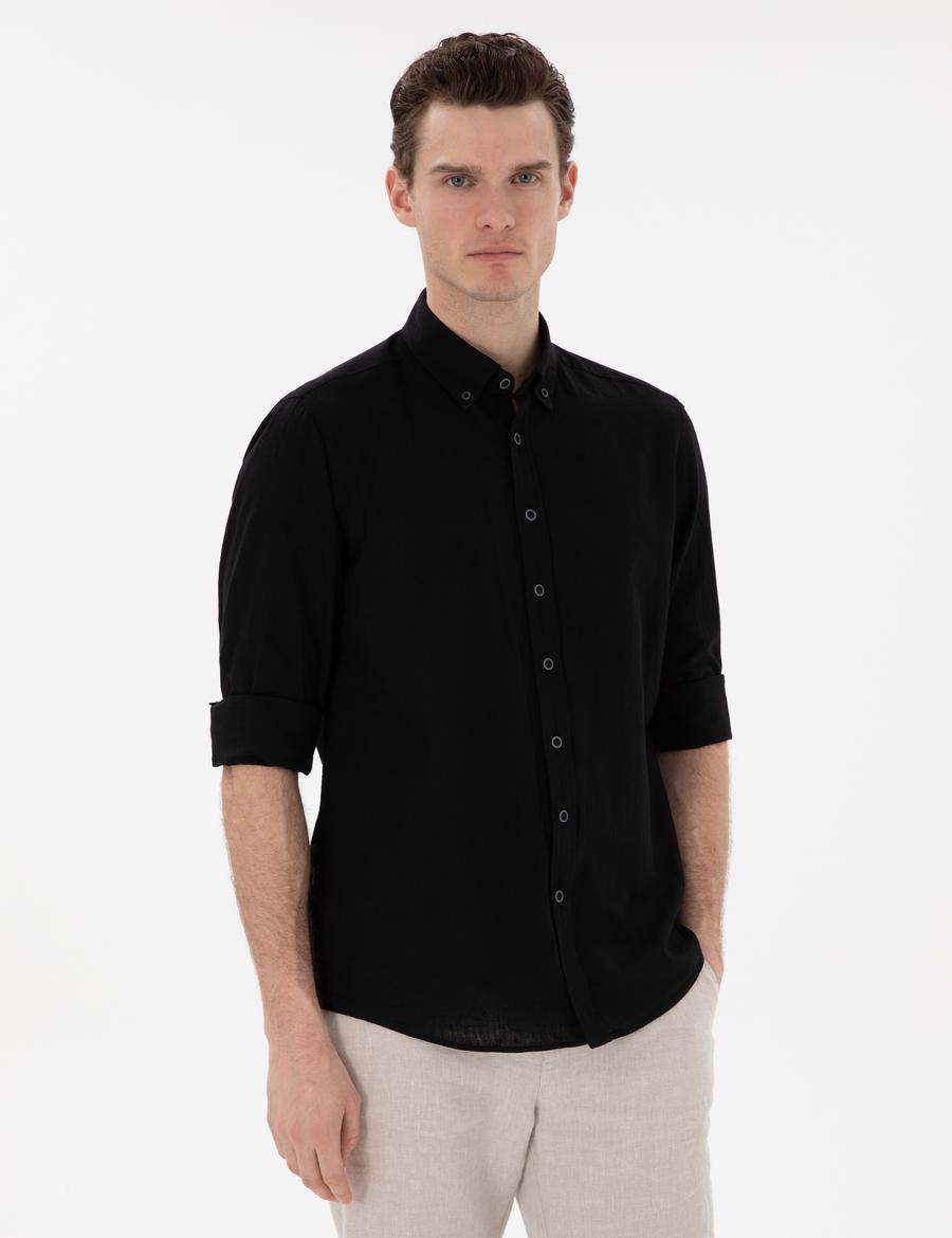 Siyah Keten Karışımlı Regular Fit Uzun Kollu Gömlek
