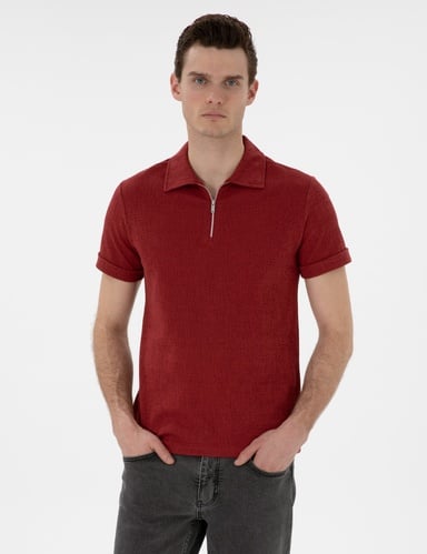 Nar Çiçeği Slim Fit Fermuarlı Polo Yaka Tişört