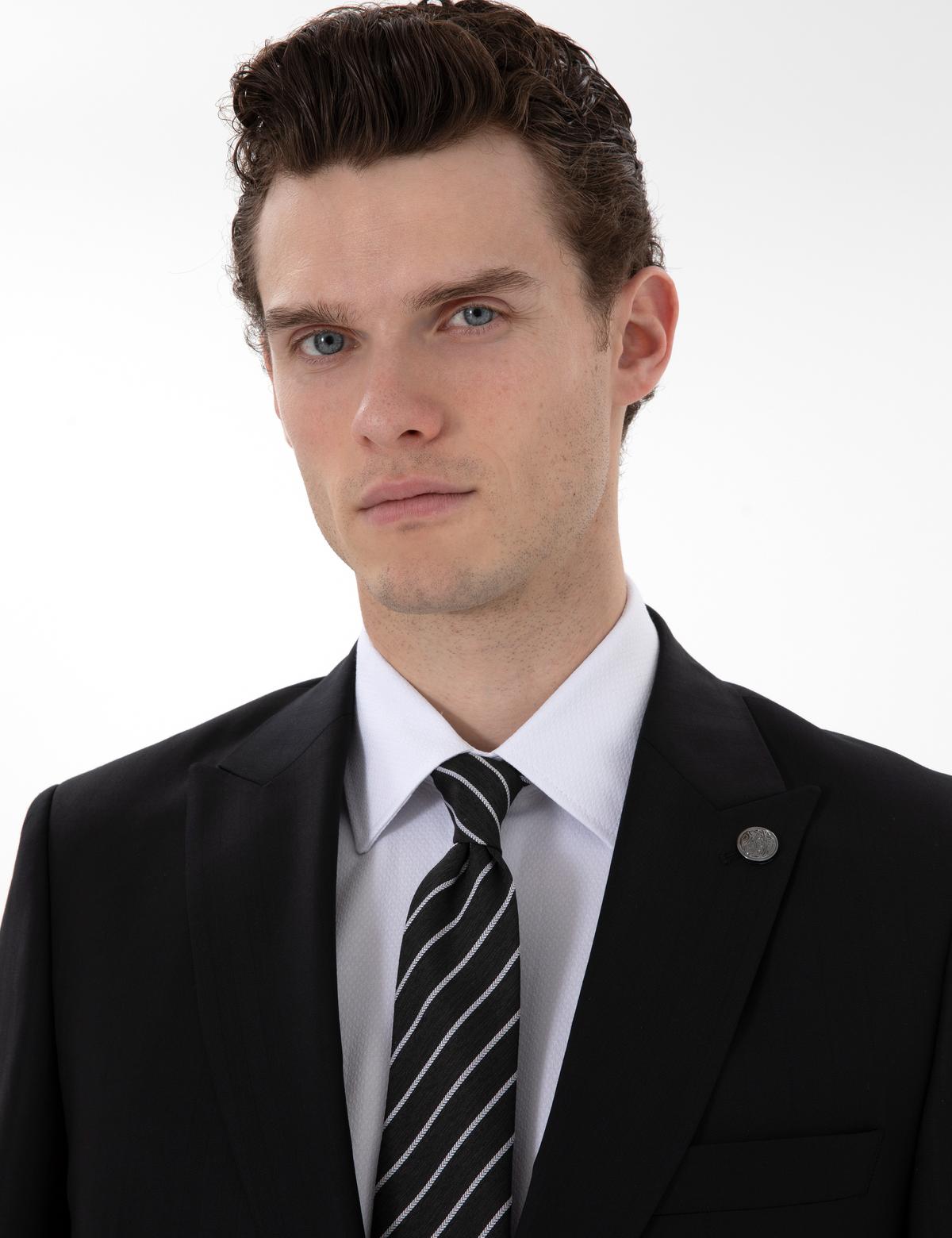 Siyah Slim Fit Çizgili Yün Takım Elbise - 50302278044