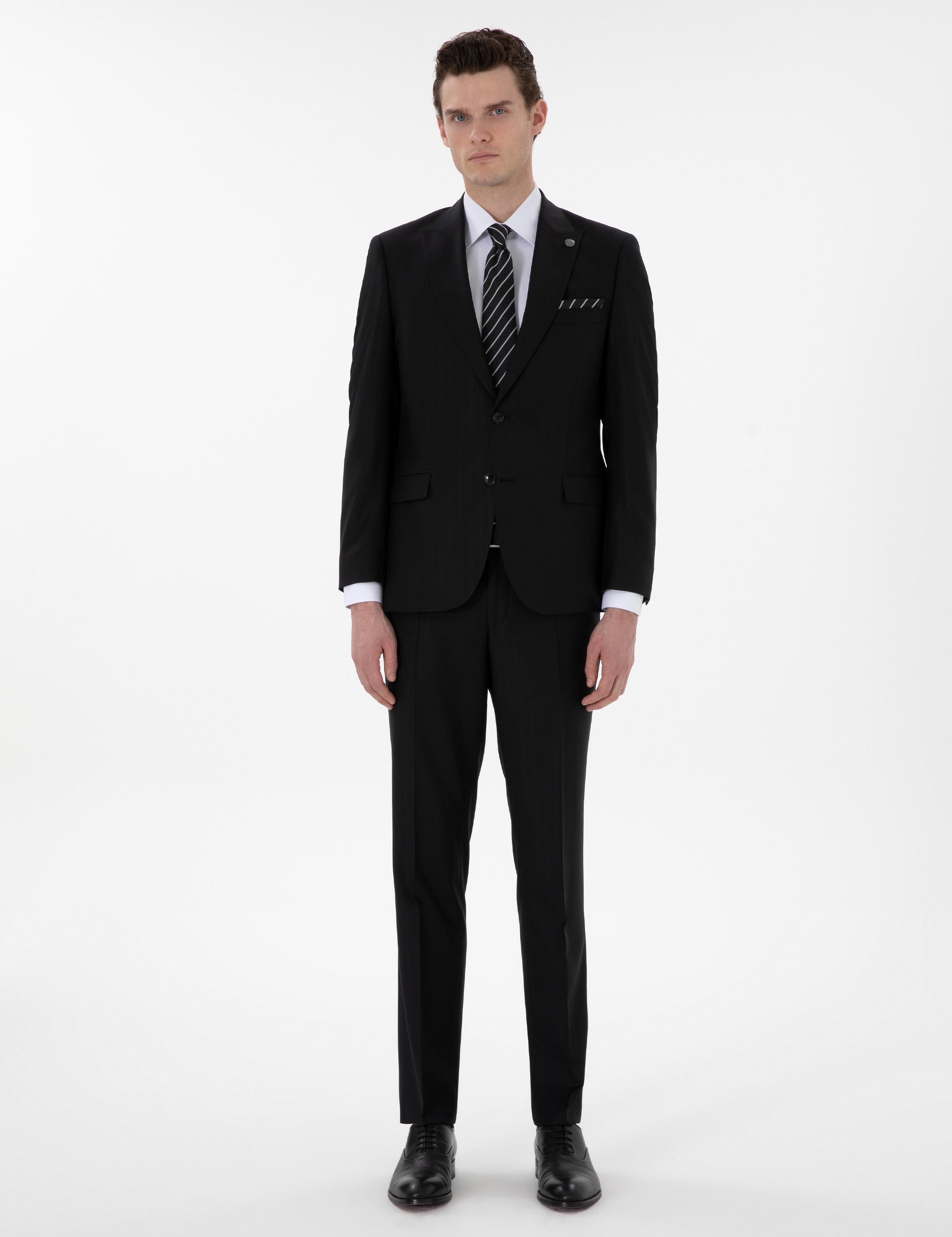 Siyah Slim Fit Çizgili Yün Takım Elbise