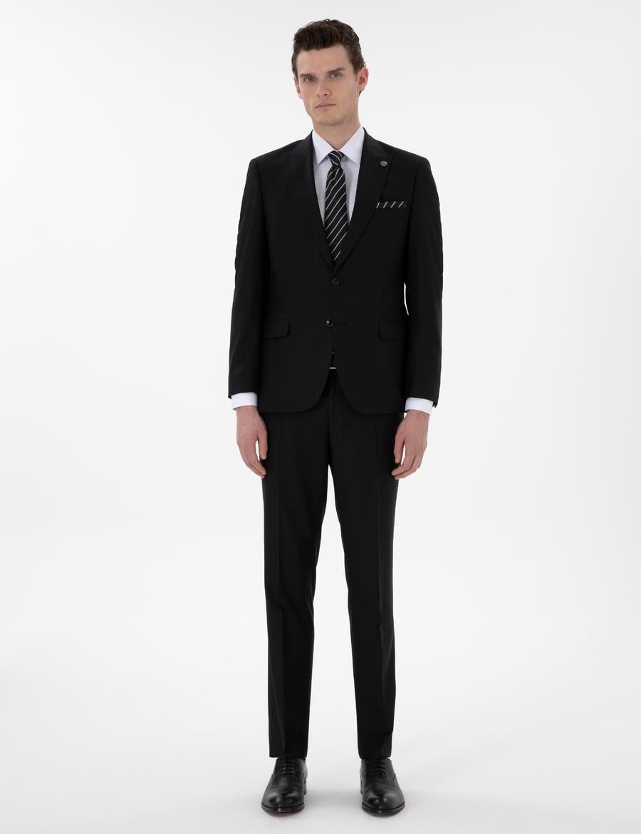 Siyah Slim Fit Çizgili Yün Takım Elbise