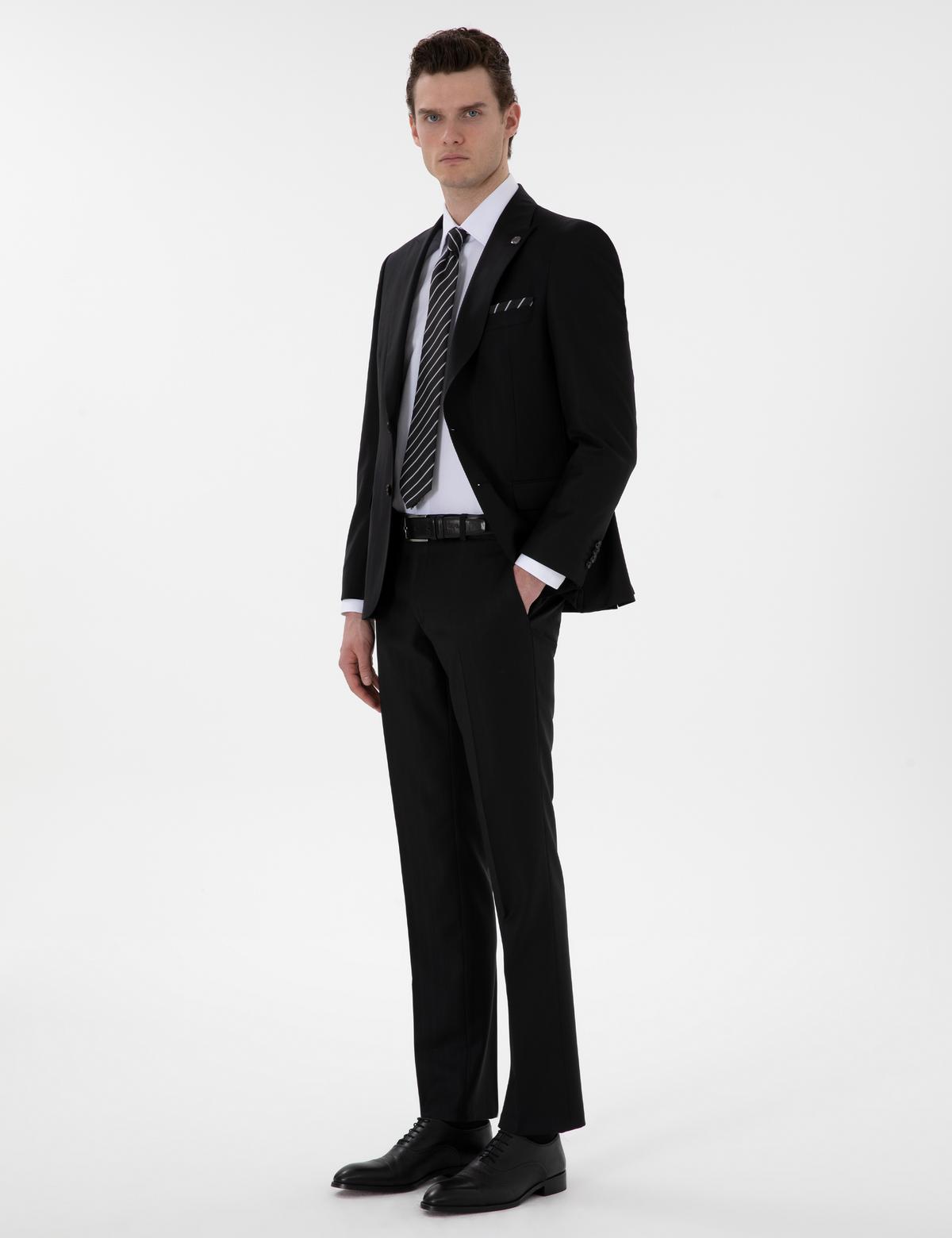 Siyah Slim Fit Çizgili Yün Takım Elbise - 50302278044