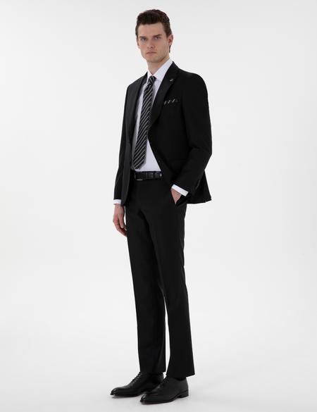Siyah Slim Fit Çizgili Yün Takım Elbise - 50302278044