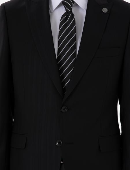 Siyah Slim Fit Çizgili Yün Takım Elbise - 50302278044