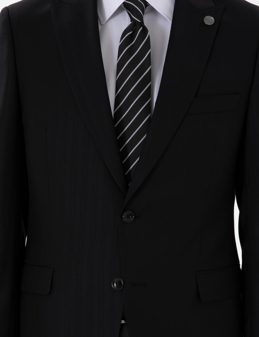 Siyah Slim Fit Çizgili Yün Takım Elbise