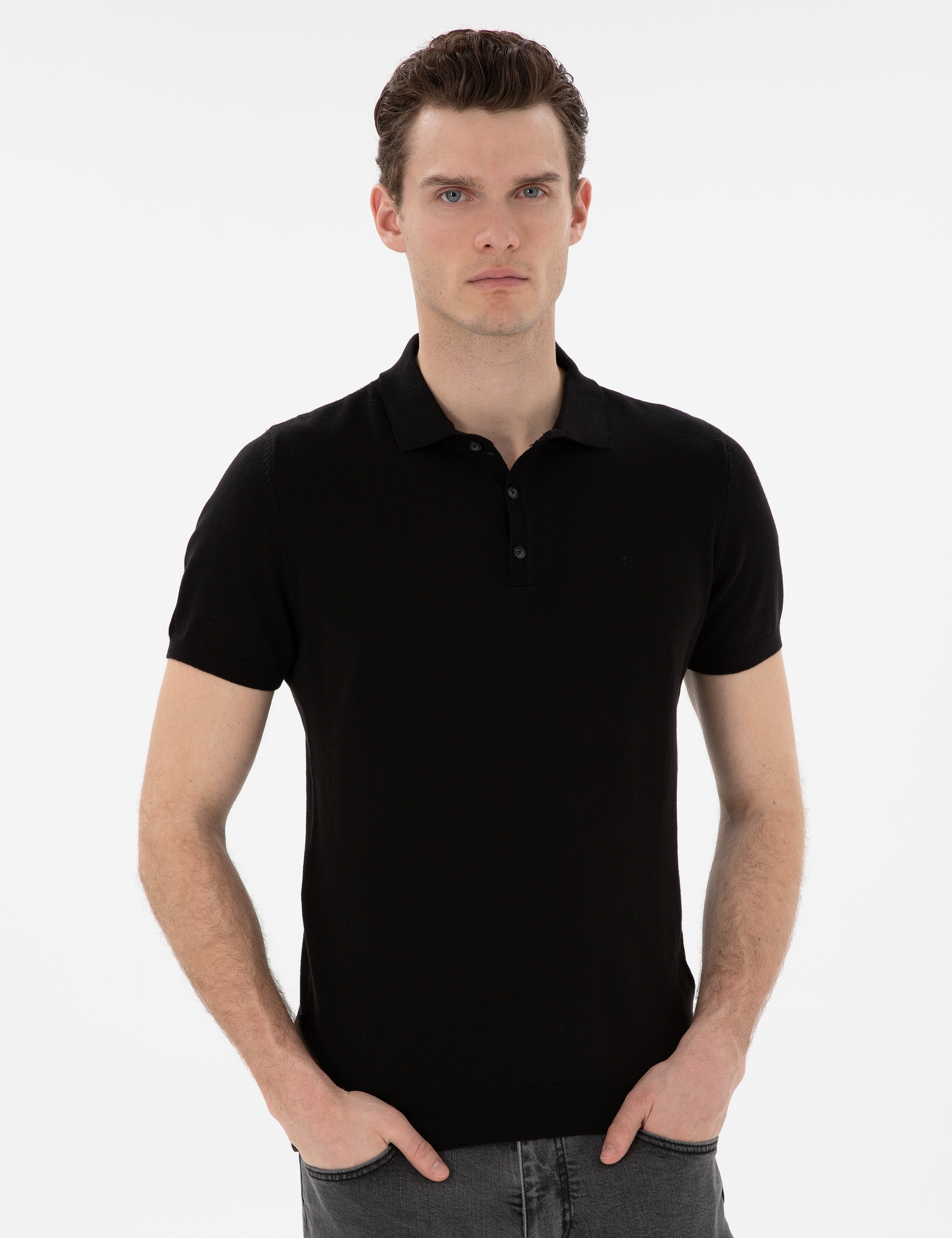 Siyah Slim Fit Düğmeli Polo Yaka Triko Tişört - Image 1