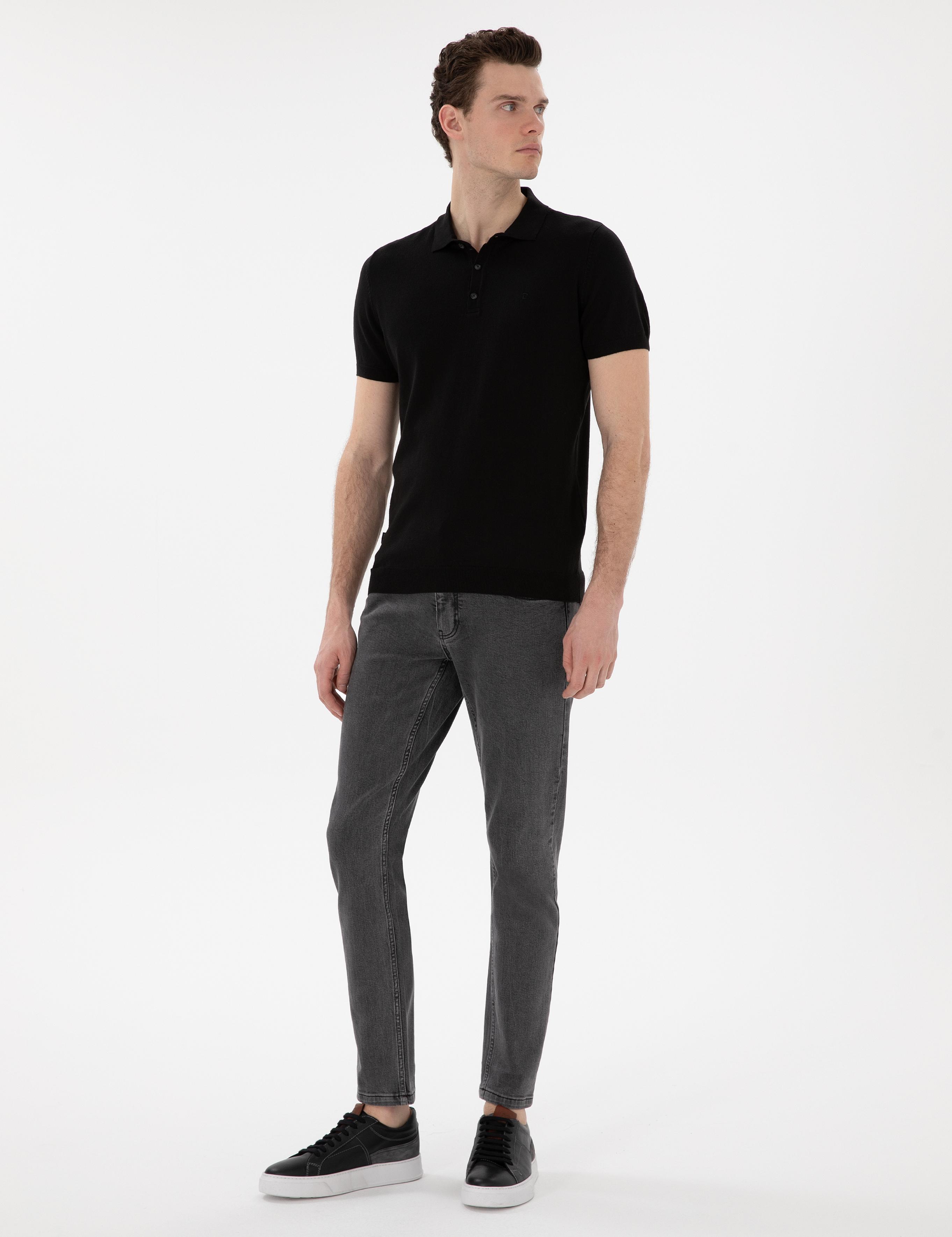 Siyah Slim Fit Düğmeli Polo Yaka Triko Tişört