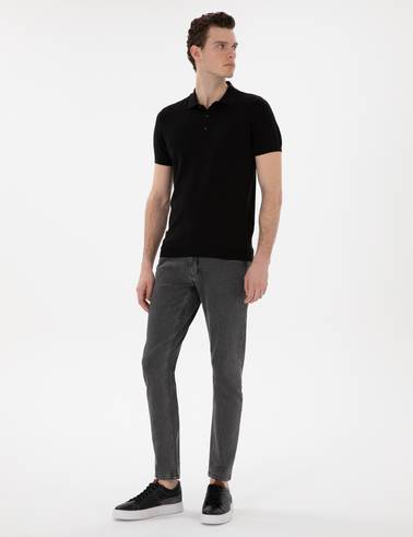 Siyah Slim Fit Düğmeli Polo Yaka Triko Tişört