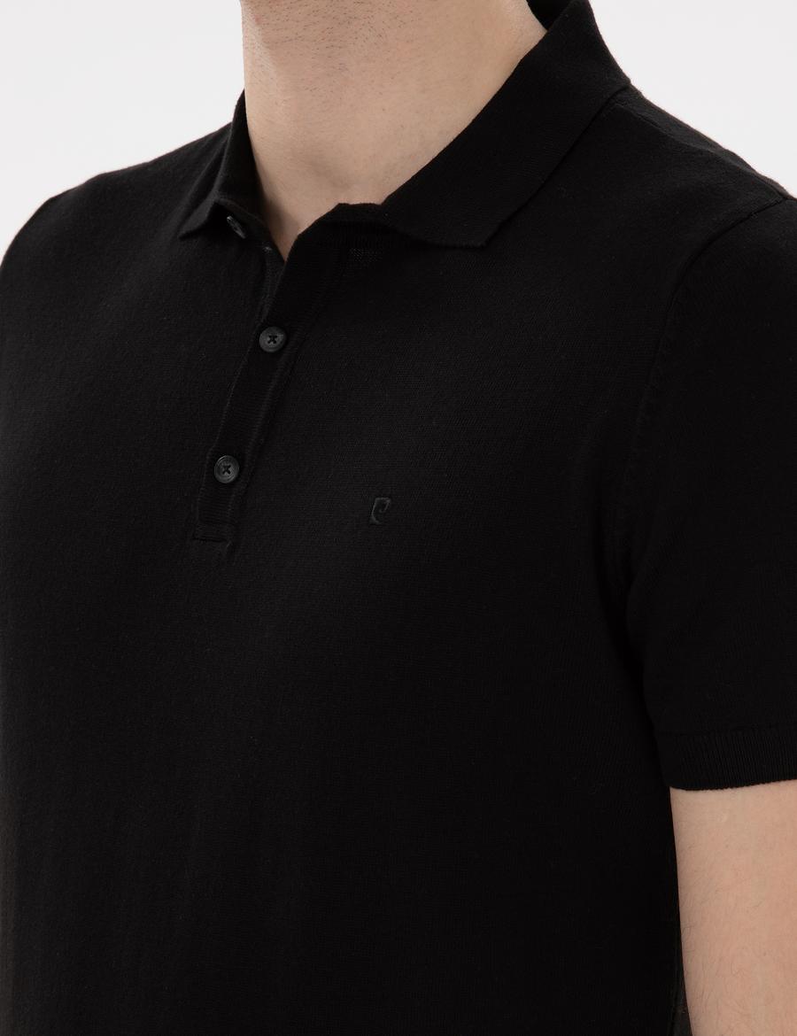 Siyah Slim Fit Düğmeli Polo Yaka Triko Tişört