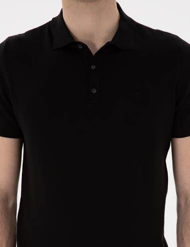 Siyah Slim Fit Düğmeli Polo Yaka Triko Tişört